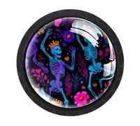 HEOEH Confezione da 4 pomelli neri per armadietti, scheletri di danza floreali, pomelli per cassetti con viti di 2 dimensioni, foro singolo rotondo per cucina, comò, armadio, cassettiera, mobili