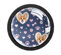 HEOEH Confezione da 4 pomelli rotondi a forma di cuore Corgi, per cassetti e cassettiere, colore nero, per credenze, porte, mobili da cucina e bagno