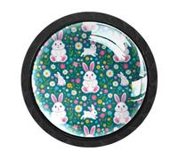 HEOEH Confezione da 4 pomelli rotondi per cassetti a forma di coniglio, con margherita, colore nero, per credenze, porte, armadietti, mobili da cucina e bagno