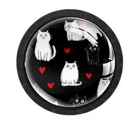 HEOEH Confezione da 4 pomelli rotondi per cassetti a forma di cuore di gatto, colore nero, per credenze, porte, armadietti da cucina e bagno