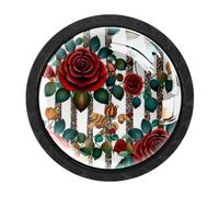 HEOEH Confezione da 4 pomelli rotondi per cassetti con rose rosse del Messico, pomelli neri per cassettiera, credenze, porte, accessori per mobili da cucina e bagno