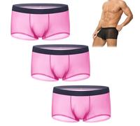 heofonm 3Pcs Niksy Underwear, Men's Ultra-Thin Ice Silk Transparent Boxer Briefs, Transparent Mens Underwear (3 Rose Red,L)