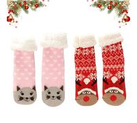 heofonm Cute Animal Ultra-thick Slipper Home Socks, 2Pairs Winter Warm Christmas Snow Non-slip Socks for Women (E+F)