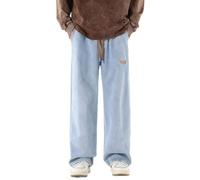 heofonm Men's Regular Fit Patched Drawstring Waist Jeans, Casual Straight Leg Denim Jeans Pants (Light Blue,3XL)
