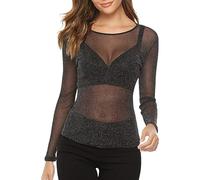 HEONSATI Camicia Donne Mesh Trasparente T-Shirt in Tulle Elegante con Maniche Munghe Maglietta in Rete Donna Curvy Seducente con Scollo Rotondo Maglia in Pizzo Femminile Sera Top a Rete Sexy Hot Body