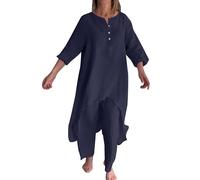 HEONSATI Completi Donna Cotone Sportiva in Lino Tuta Leggeri Elegante Mare Completo Shirt e Pantaloni Larghi Tute Estiva Due Pezzi Curvy Casual da Casa Tute Cotone e Lino Oversize da Spiaggia