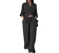 HEONSATI Completi Donna Leggeri in Lino Due Pezzi Tuta Sportiva Elegante Curvy Tute Camicia e Pantalone Lunghi Completo Cotone Estiva da Casa Cotone e Lino Taglie Forti Tute Casual Elastica Oversize