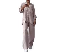 HEONSATI Completi Donna Leggeri in Lino Due Pezzi Tuta Sportiva Elegante Curvy Tute Camicia e Pantalone Lunghi Completo Cotone Estiva da Casa Cotone e Lino Taglie Forti Tute Casual Elastica Oversize