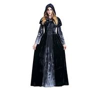 HEONSATI Costume Donna da Strega Lungo Abito da Vampira Diavolo Manica Lunga con Cappello Vestito Strega Cattiva Curvy Maxi Abiti Gotico da Sera Vestiti per Feste, Compleanni E Party di Halloween