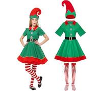 HEONSATI Elfo Di Natale Costume Da Bambini, Abito Uomo Donna Natalizia Gonna Cappelli Calzini Vestito Natale Per Bambino Set Natalizie Ragazza Ragazzo Genitori-Figli Festa Festivo Verde Vacanza