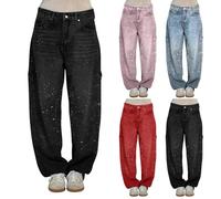 HEONSATI Jeans Strass Donna Pantalone Glitter Larghi in Denim Casual Pantaloni Oversize Lucidi Dritti Curvy Jeans Glitterati Sparkle Pantaloni Brillantini a Vita Alta Haren Lunghi Allentato Ampia