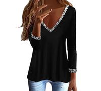 HEONSATI Top in Paillettes Scollo a V Manica Lunga Cotone Maglia da Donna da Sera Tops con Lustrini Invernali Camicetta Brillantini Maglietta Casual Capodanno Top Paillettes Curvy per Feste