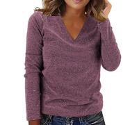 HEONSATI Top+Paillettes Camicetta Cotone Maniche Lunghe Blusa con Glitter Casual Cerimonia Maglia Glitter Scollo a V Maglietta Taglie Forti Capodanno Top Paillettes Curvy per Feste e Serate