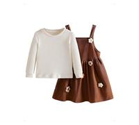 HEOXIN 2 Pezzi Vestito Bambina, Vestito Invernale Bambina con Bretelle in Velluto Coste + Maniche Lunghe Maglieria, Carino Completo Girls Dress con Bretelle e Decorazioni Floreali, Marrone, 3-4 Anni