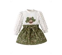 HEOXIN 2 Pezzi Vestito Elegante Baby Bambina, Completo Bambina Top con Maniche Sbuffo Lunghe + Gonna Bottoni Floreali, Vestiti Bambine con Collo Rotondo Stampata, Elastico in Vita e Fiocco 6-9 Mesi
