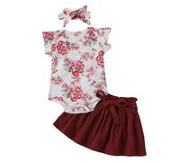 HEOXIN Abbigliamento Neonata Tutina Senza Maniche Con Volant e Stampa Floreale + Gonna + Cerchietto + Cintura, Set Pagliaccetto Neonato Estivo, Rosa/Rosso, 12-18 Mesi
