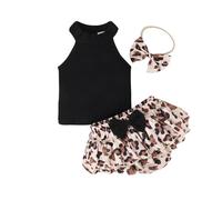 HEOXIN Abbigliamento Neonate, Top Senza Maniche + Pantaloncini con Stampa Leopardata e Orlo Arricciato + Fascia Capelli, Tutina Neonato Vestiti Estivi Bambina, Nero 12-18 Mesi