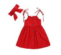 HEOXIN Abito con Bottoni per Neonate, Abito da Principessa Senza Maniche con Bretelle Regolabili + Cerchietto con Fiocco per Servizi Fotografici e Compleanni, 4-5 Anni, Rosso