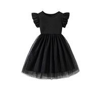 HEOXIN Abito da Bambina, Abito Senza Maniche con Scollo Rotondo e Volant in Tulle a Rete con Stampa a Pois Neri, Vestito Abiti Estivi Autunno per Bambine per Feste e Compleanni, Nero 4-5 Anni