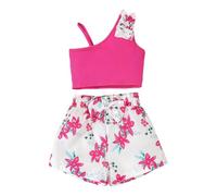 HEOXIN Abito da Bambina, Top a Costine + Pantaloncini con Elastico in Vita con Stampa Floreale, completo vestiti Estivi Autunno ragazza Set Top Bambina e Pantaloncini, Rosso Rosa 4 Anni