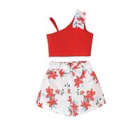 HEOXIN Abito da Bambina, Top a Costine + Pantaloncini con Elastico in Vita con Stampa Floreale, completo vestiti Estivi Autunno ragazza Set Top Bambina e Pantaloncini, Rosso 7 Anni