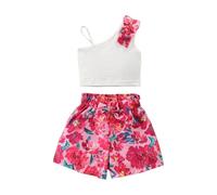 HEOXIN Abito da Bambina, Top a Costine + Pantaloncini con Elastico in Vita con Stampa Floreale, completo vestiti Estivi Autunno ragazza Set Top Bambina e Pantaloncini, Bianco 6 Anni