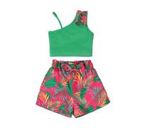 HEOXIN Abito da Bambina, Top a Costine + Pantaloncini con Elastico in Vita con Vegetale Tropicale e Fiocco, vestiti Estivi Autunno ragazza Set Top Bambina e Pantaloncini, Verde 4 Anni