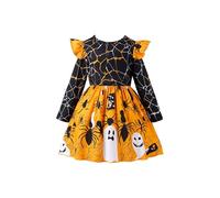 HEOXIN Abito da Principessa con Ragnatela di Halloween per Bambine, Vestito con Gonna Svasata e Maniche ad Aletta con Scollo Rotondo per Bambine dai 5 ai 6 Anni, Giallo