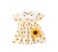 HEOXIN Abito Estivo da Principessa con Girasoli per Bambina, Abito a Trapezio con Maniche Corte, Bottoni e Stampa Floreale con Colletto a Barchetta + Borsa con Girasoli per 6 Mesi ai 12 Mesi, Giallo