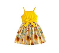 HEOXIN Abito Estivo da Principessa con Girasoli per Bambine, Abito Senza Maniche con Gonna a Trapezio e Bretelle con Fiocco per Feste di Compleanno e Servizi Fotografici, 4-5 Anni, Giallo
