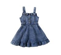 HEOXIN Abito in Denim con Bottoni per Neonate, Abito da Principessa Senza Maniche con Bretelle e Orlo Svasato per Feste di Compleanno e Servizi Fotografici, 1-2 Anni, Blu