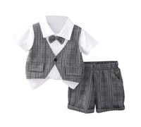 HEOXIN Bambino Abito da Gentiluomo, Abbigliamento Neonato Gentleman Papillon Plaid Finto Gilet due Pezzi Maniche Corte Costume, Grigio Completo Neonato Pantaloncini Elasticizzati Tasche, 2-3 Anni