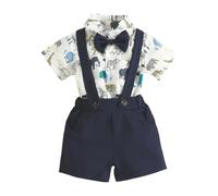 HEOXIN Bambino Abito da Gentiluomo, Abbigliamento Neonato Gentleman Papillon Snap Pulsante Crotch Costume, Completo Neonato Gentiluomo Pantaloncini con Bretelle Elasticizzati Bottoni, Blu, 6-9 Mesi