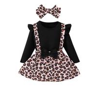 HEOXIN Bimba Bambine Stampa Leopardata Completini, Romper + Bretelle Vestito + Fasce per Capelli 3PCS Set, Vestito Elegante con Fiocco, Top con Volant Maniche per Bambine da 6 Mesi a 9 Mesi, Nero