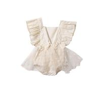 HEOXIN Body a Pois Senza Maniche per Neonata, Vestito Tutù Neonato in Pizzo Ricamato con Nodo a Fiocco Decorativo, Tutina in Tulle a Rete Senza Schienale per 0-6 Mesi, Beige