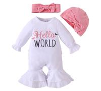 HEOXIN Completini per Neonate Set, Vestiti Bambina con Motivo Hello World, Maniche Lunghe con Volant Neonato Abbigliamento Cappello e Fascia, Set Neonati per 0 Mesi, Bianco
