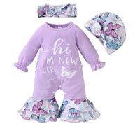 HEOXIN Completini per Neonate Set, Vestiti Bambina con Motivo Hi I'm New Here, Maniche Lunghe con Volant Neonato Abbigliamento Cappello e Fascia Farfalla Stampa, Set Nascita per 6-9 Mesi, Viola