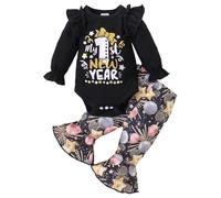 HEOXIN Completini per Neonate Set, Vestiti Bambina con Motivo My 1st New Year, 1°Compleanno Abbigliamento Neonato Maniche Lunghe con Volant e Pantaloni Svasati, Set Neonati per 12-18 Mesi, Nero