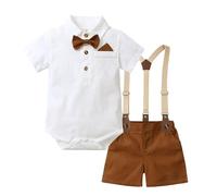 HEOXIN Completo Gentiluomo Neonati, Camicia a Maniche Corte con Papillon + Bretelle e Ghettine, Tutina Neonati Maschi Bambino Completo Estivo Autunno Ragazzo, Marrone 12-24 Mesi