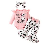 HEOXIN Completo per Neonate Set, Maniche Lunghe Vestiti Bambina con Holy Cow I'M Cute, Abbigliamento Pantaloni Svasati con Fiocco di Mucca da Latte e Fascia, Set Neonati per 9-12 Mesi, Rosa
