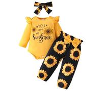 HEOXIN Completo per Neonate Set, Maniche Lunghe Vestiti Bambina con Motivo You are My Sunshine, Abbigliamento Pantaloni con Fiocco Motivo a Girasole e Fascia, Set Neonati per 9-12 Mesi, Giallo