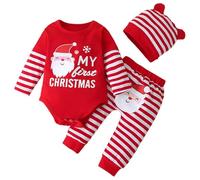 HEOXIN Completo per Neonate Set, Maniche Lunghe Volant Vestiti Bambina con My First Christmas, Pagliaccetto a Righe con di Babbo Natale Pantaloni e Cappello, Giorno di Natale per 6-12 Mesi, Rosso