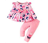 HEOXIN Completo per Neonate Set, Maniche Lunghe Volant Vestiti Bambina, Neonati Abbigliamento Top Camicia con Nodo a Fiocco Farfalla e Pantaloni, Set Neonati per 6-9 Mesi, Rosa