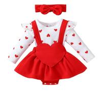 HEOXIN Completo per Neonate Set, Maniche Lunghe Volant Vestiti Bambina, Neonati Abbigliamento Vestito con Motivo a Cuore e Fascia con Fiocco, Set Neonati per 12-18 Mesi, Rosso