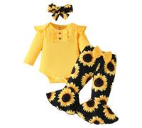HEOXIN Completo per Neonate Set, Maniche Lunghe Volant Vestiti Bambina, Neonato Abbigliamento Pantaloni Svasati con Fiocco Motivo a Girasole e Fascia, Set Neonati per 3-6 Mesi, Giallo
