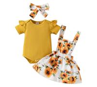 HEOXIN Completo Vestiti Bambina Neonato, Bordo Increspato Maniche Corte Bottone Pressione Tutina, Abbigliamento Girasole Estensibile Bretelle Pulsante Gonna Fiocco Fascia Capelli, 9-12 Mesi