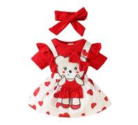 HEOXIN Completo Vestiti Bambina Neonato, Bordo Increspato Maniche Corte Bottone Pressione Tutina, Abbigliamento Rosso Love Bear Estensibile Bretelle Pulsante Gonna Fiocco Fascia Capelli, 3-6 Mesi
