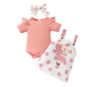HEOXIN Completo Vestiti Bambina Neonato, Bordo Increspato Maniche Corte Bottone Pressione Tutina Neonato, Abbigliamento Orso Rosa a Pois Bretelle Gonna Fiocco Fascia per Capelli, 12-18 Mesi