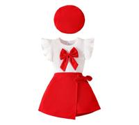 HEOXIN Completo Vestiti Bambina Neonato, Maniche volanti Grande Nodo a fiocco Decorazione Completo, Abbigliamento Rosso Estensibile Elasticated Gonna Baby Cappello Outfit Set, 12-18 Mesi