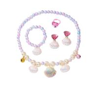 HEOXIN Girls Shell Jewellery Sets, Necklace Earring Bracelet Ring Set, Pearl Shell Elasticated Cord Bell Adjustable, Set di gioielli per bambina Favori Principessa Dress Up Regalo di compleanno, Rosa